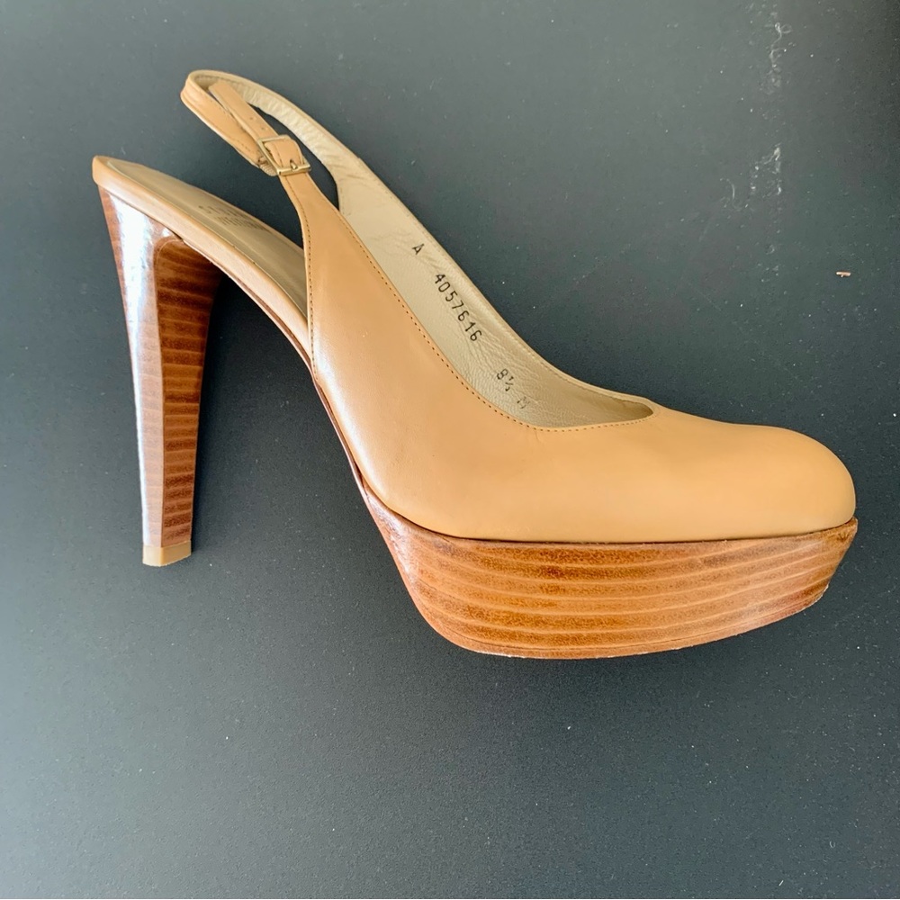 Stuart Weitzman Almond Butter Leather Platform Slingback Heels - Picture 3 of 16